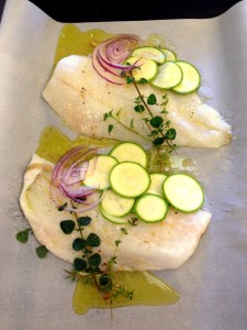 Orange Roughy with sliced zucchini & red onion.
